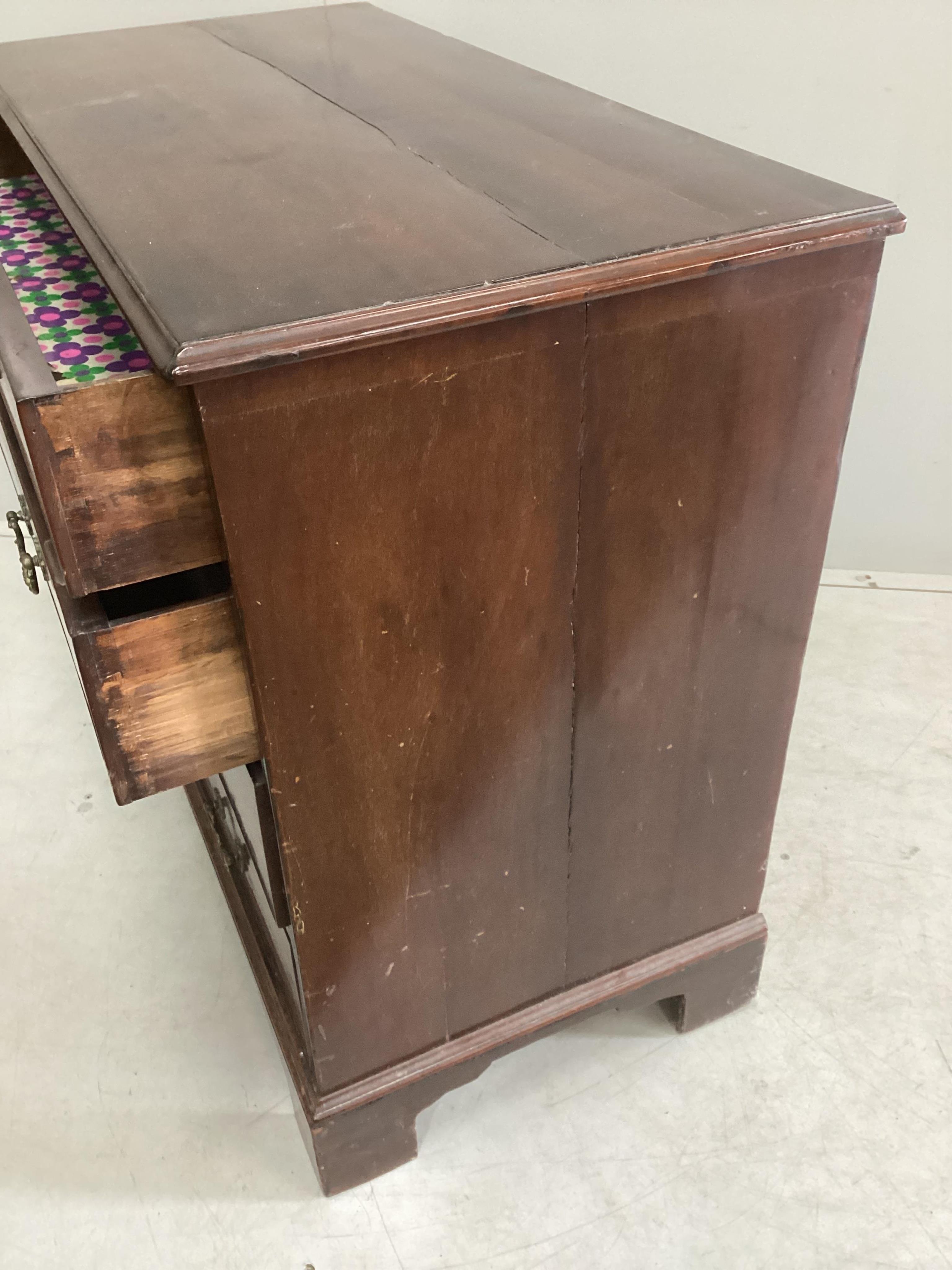 A George III mahogany chest of four drawers, width 94cm, depth 46cm, height 81cm. Condition - poor to fair